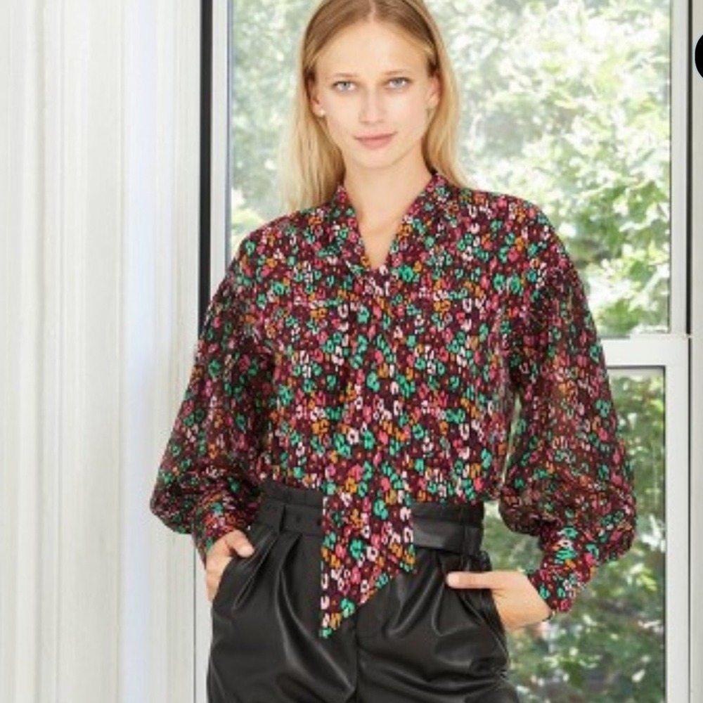 Who What Wear Tie Neck Blouse Womens Small Multicolor Floral Long Sleeve